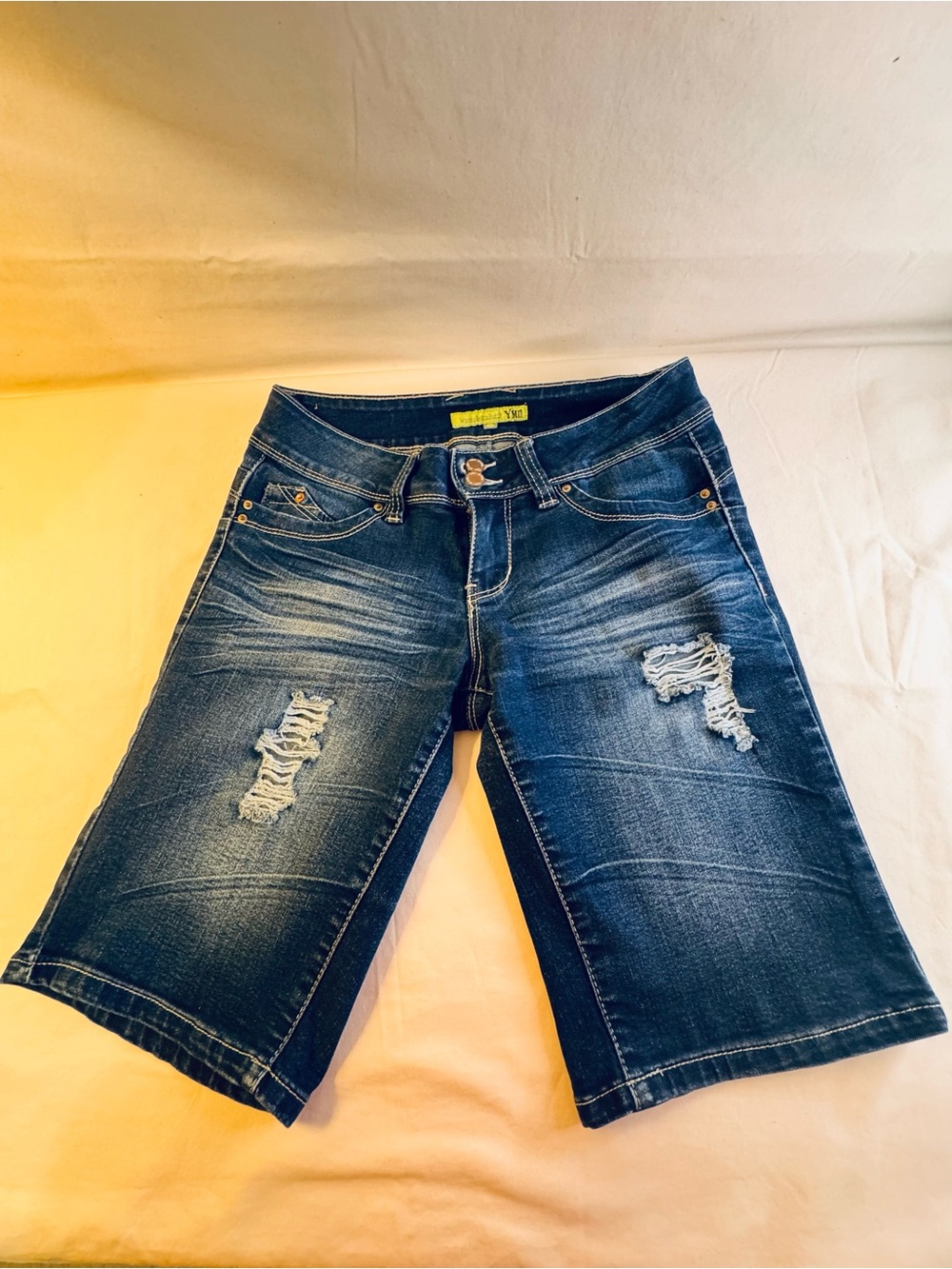 YMI Dark Blue Distressed Denim Bermuda Shorts